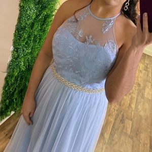 High-neck embroidered blue bridesmaid dress